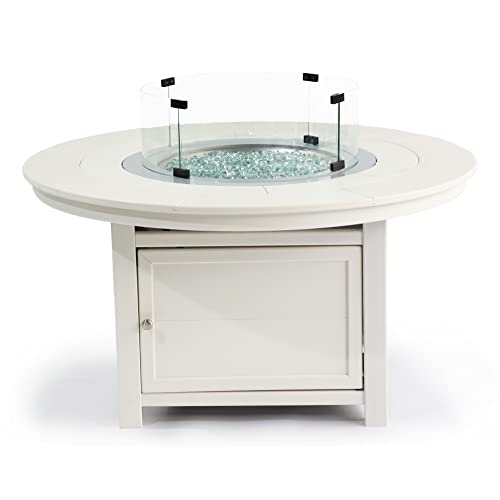 25"(H) x 48"(W) Round Poly FirePit Table in White with Glass Flame-Wind Guard Set