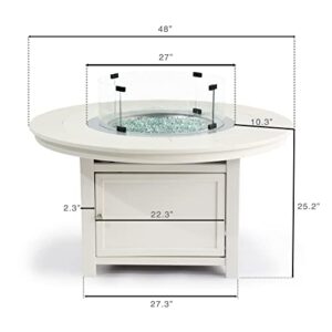 25"(H) x 48"(W) Round Poly FirePit Table in White with Glass Flame-Wind Guard Set