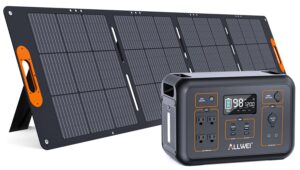 allwei solar generator 1200w(peak 2400w) with 1 * 200w solar panel, 1132wh portable power station, 4* ac outlet, 6* pd60w usb outlet, solar power generator for rv/van camping trip emergency home use