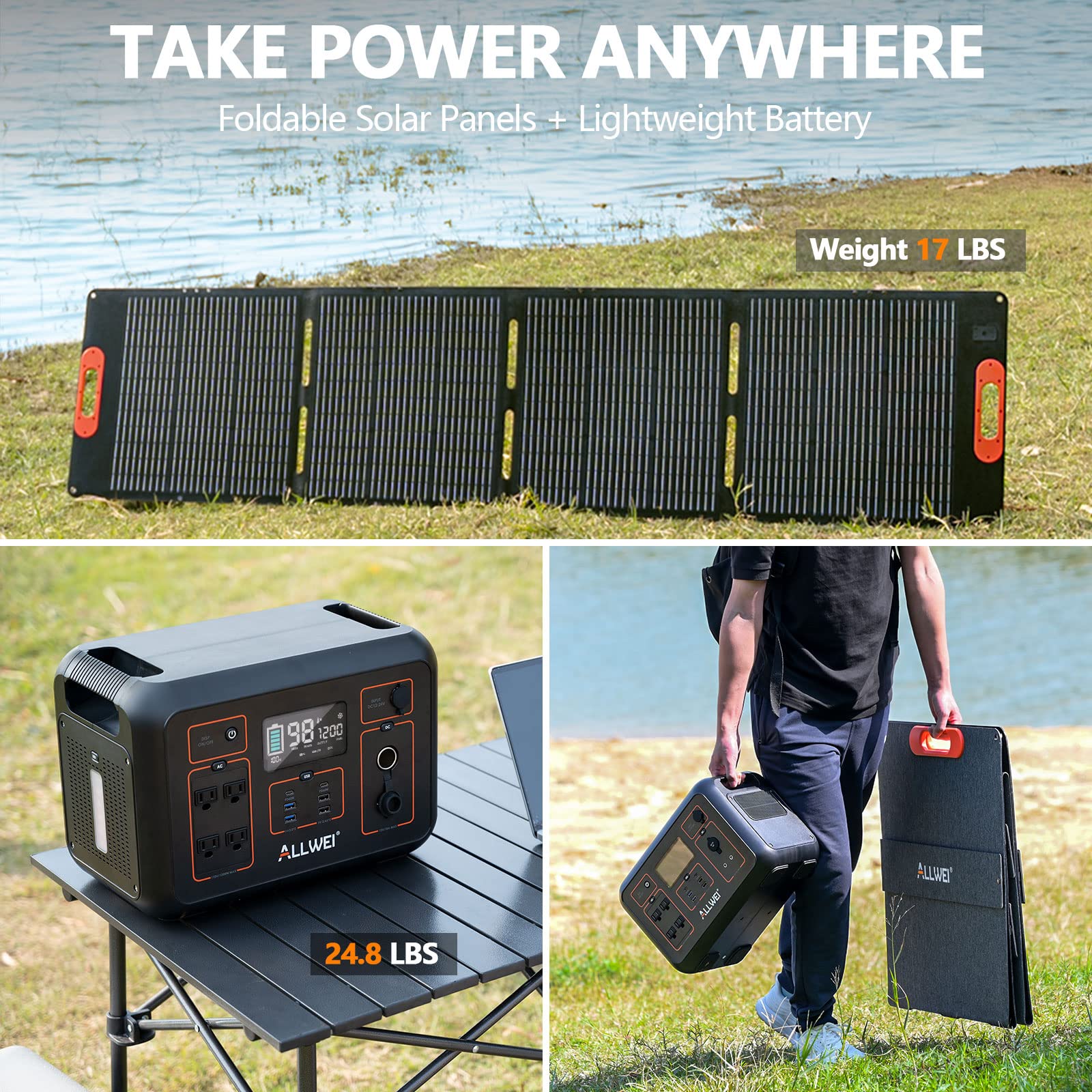 ALLWEI Solar Generator 1200W(Peak 2400W) with 1 * 200W Solar Panel, 1132Wh Portable Power Station, 4* AC Outlet, 6* PD60W USB Outlet, Solar Power Generator for RV/Van Camping Trip Emergency Home Use