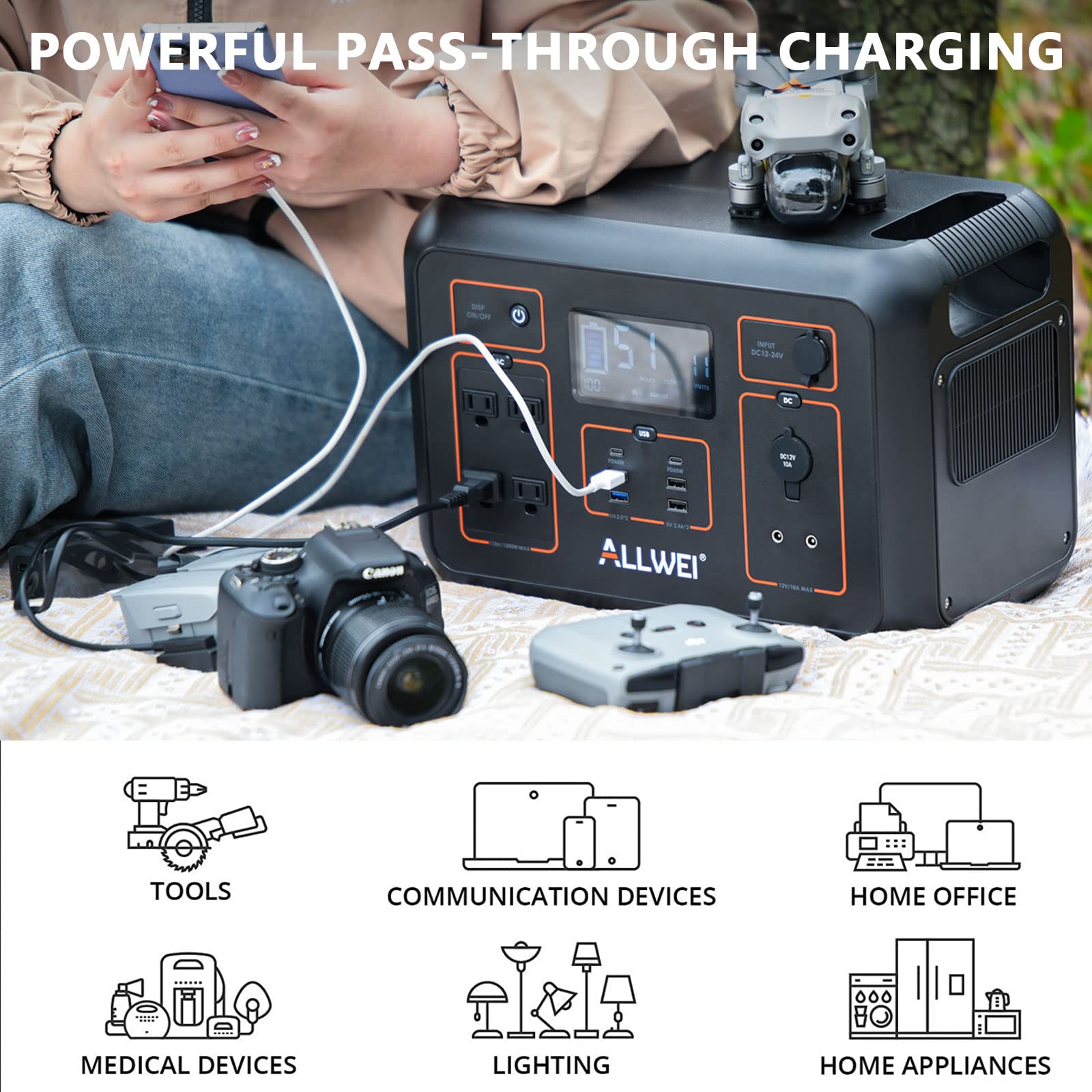 ALLWEI Solar Generator 1200W(Peak 2400W) with 1 * 200W Solar Panel, 1132Wh Portable Power Station, 4* AC Outlet, 6* PD60W USB Outlet, Solar Power Generator for RV/Van Camping Trip Emergency Home Use