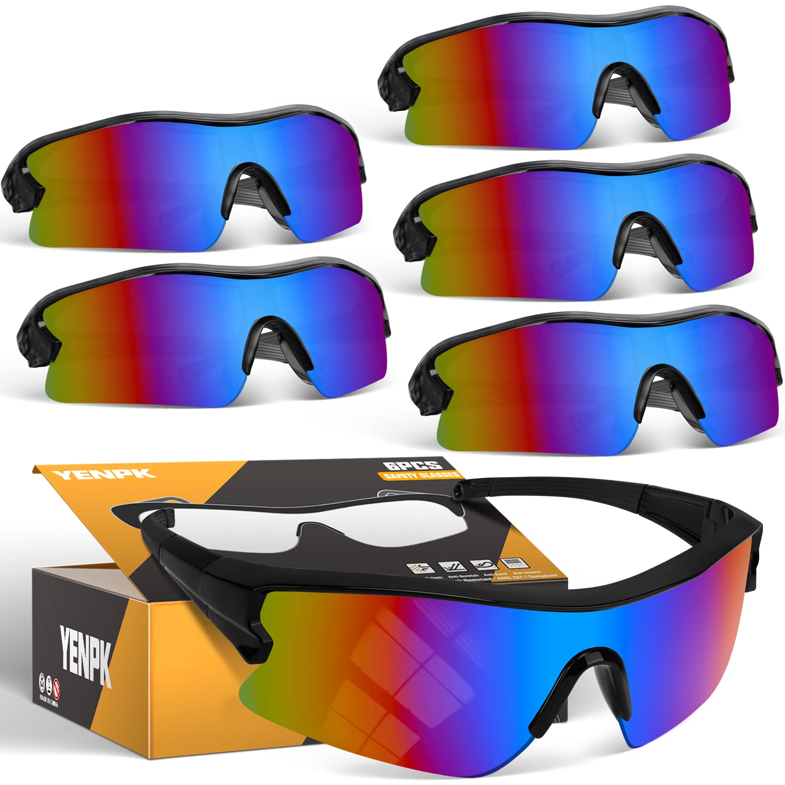 YENPK 6 Pack Multicolor Safety Glasses, ANSI Z87.1+ Certified, UV400 Anti-Splash & Scratch Resistant, Protective Eyewear for Men and Women