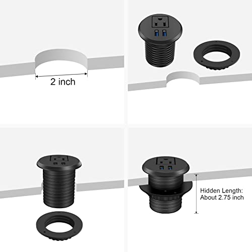 2 inch Desk Power Grommet with QC3.0 Fast Charging USB-A Ports,Recessed Power Socket with 1 Outlet,2 USB-A,6ft 18AWG Cord,Desktop Power Grommet with Ultra Thin Flat Plug,Flush Mount Power Grommet