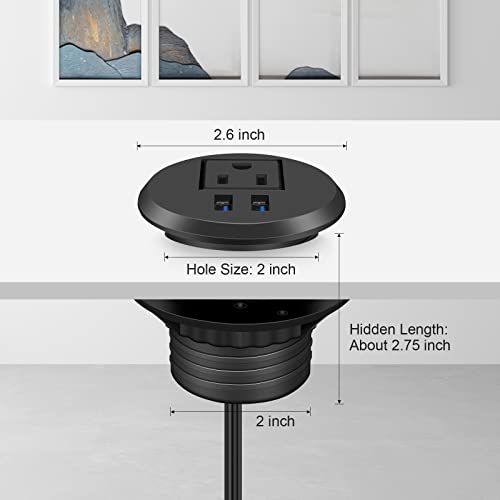 2 inch Desk Power Grommet with QC3.0 Fast Charging USB-A Ports,Recessed Power Socket with 1 Outlet,2 USB-A,6ft 18AWG Cord,Desktop Power Grommet with Ultra Thin Flat Plug,Flush Mount Power Grommet