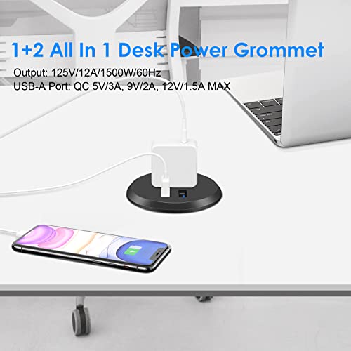 2 inch Desk Power Grommet with QC3.0 Fast Charging USB-A Ports,Recessed Power Socket with 1 Outlet,2 USB-A,6ft 18AWG Cord,Desktop Power Grommet with Ultra Thin Flat Plug,Flush Mount Power Grommet