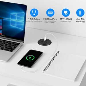 2 inch Desk Power Grommet with QC3.0 Fast Charging USB-A Ports,Recessed Power Socket with 1 Outlet,2 USB-A,6ft 18AWG Cord,Desktop Power Grommet with Ultra Thin Flat Plug,Flush Mount Power Grommet