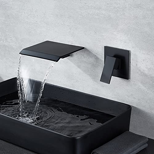 DASAN Wall Mount Waterfall Bathroom Faucet Matte Black in Wall Sink Faucet, Single Handle Wall Mounted Modern Faucet for Bathroom with Upgraded Rough in Valve