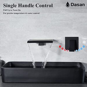 DASAN Wall Mount Waterfall Bathroom Faucet Matte Black in Wall Sink Faucet, Single Handle Wall Mounted Modern Faucet for Bathroom with Upgraded Rough in Valve