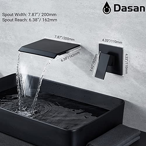 DASAN Wall Mount Waterfall Bathroom Faucet Matte Black in Wall Sink Faucet, Single Handle Wall Mounted Modern Faucet for Bathroom with Upgraded Rough in Valve