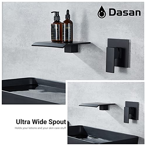 DASAN Wall Mount Waterfall Bathroom Faucet Matte Black in Wall Sink Faucet, Single Handle Wall Mounted Modern Faucet for Bathroom with Upgraded Rough in Valve