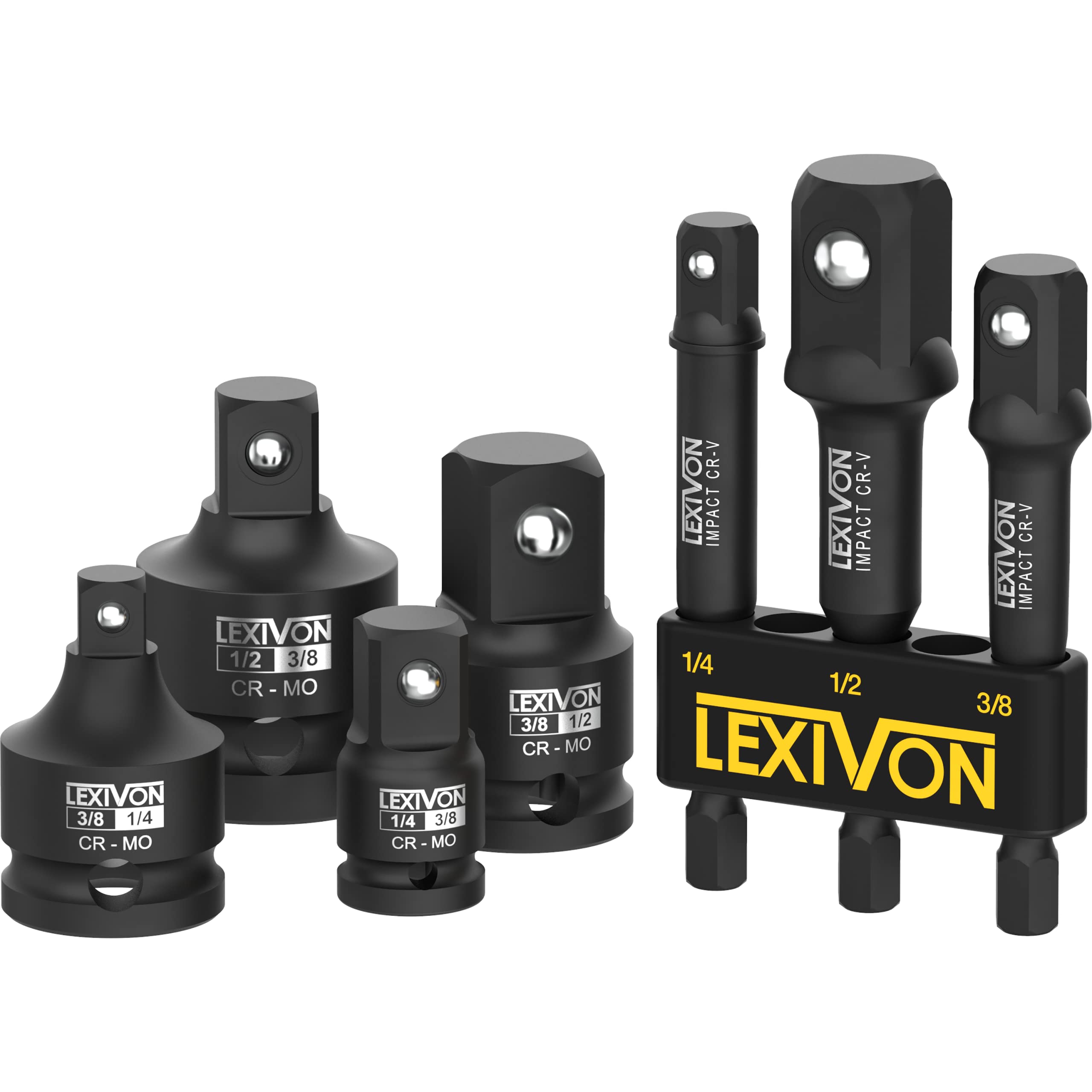 LEXIVON Impact Socket Adapter Combo Kit, 7-piece Increaser, Reducer & Extension Set | 1/4"-3/8"-1/2" Impact Driver Conversions, Active Rust Protection By Black-Phosphate Coating Treatment (LX-109)