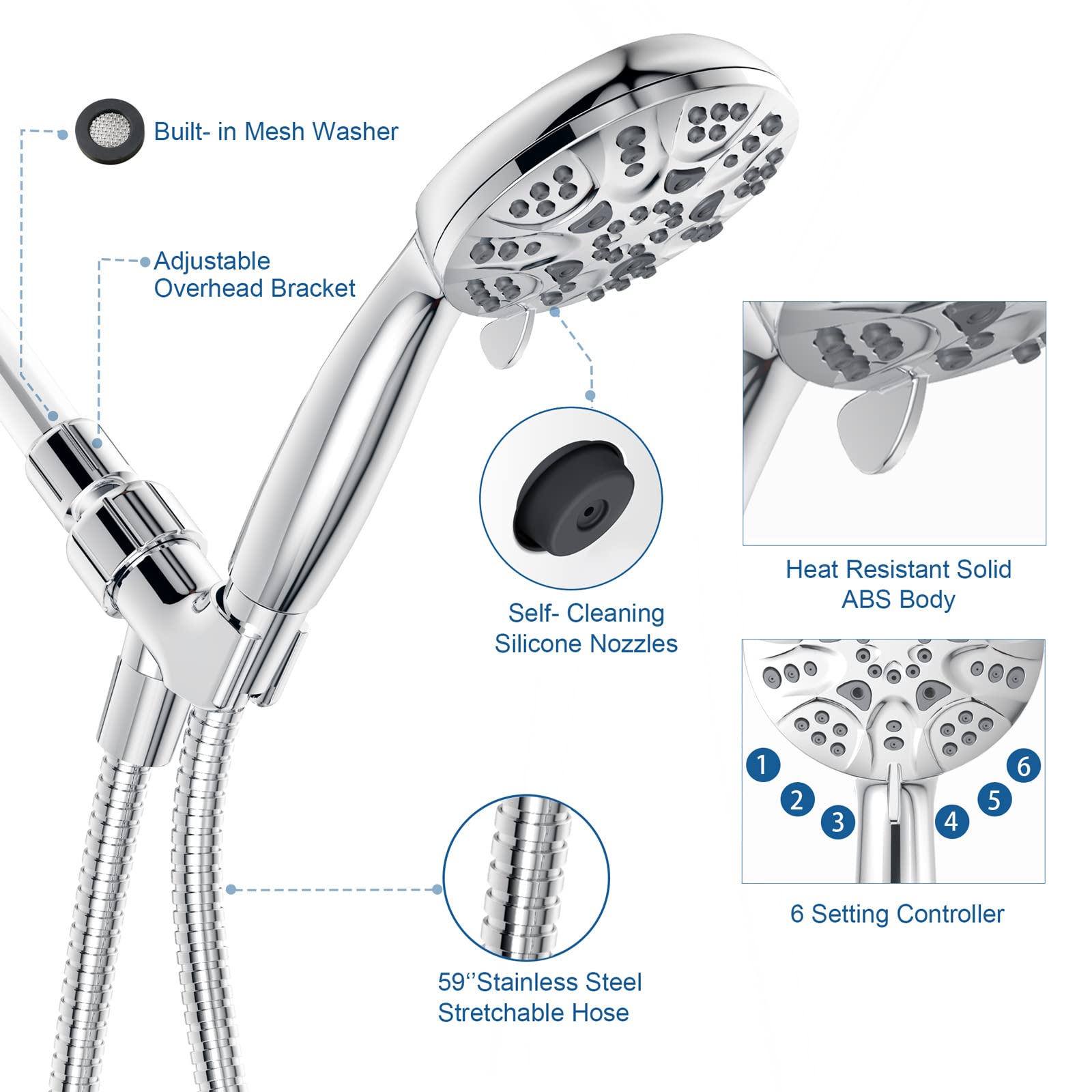 6 Functions Handheld Shower Head Set High Pressure Shower Head High Flow Hand Held Showerhead Set with 59 Inch Hose Bracket Teflon Tape Rubber Washers