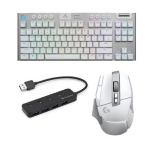 logitech g915 tkl tenkeyless lightspeed wireless rgb mechanical gaming keyboard (white) bundle with logitech g502 x lightspeed wireless gaming mouse (white) and 4-port usb 3.0 hub (3 items)