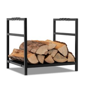 goplus 16 inch small firewood rack, indoor outdoor decorative firewood log holder with easy-to-grab handle & raised base, heavy duty steel wood storage stacker for fireplace fire pit fire stove patio