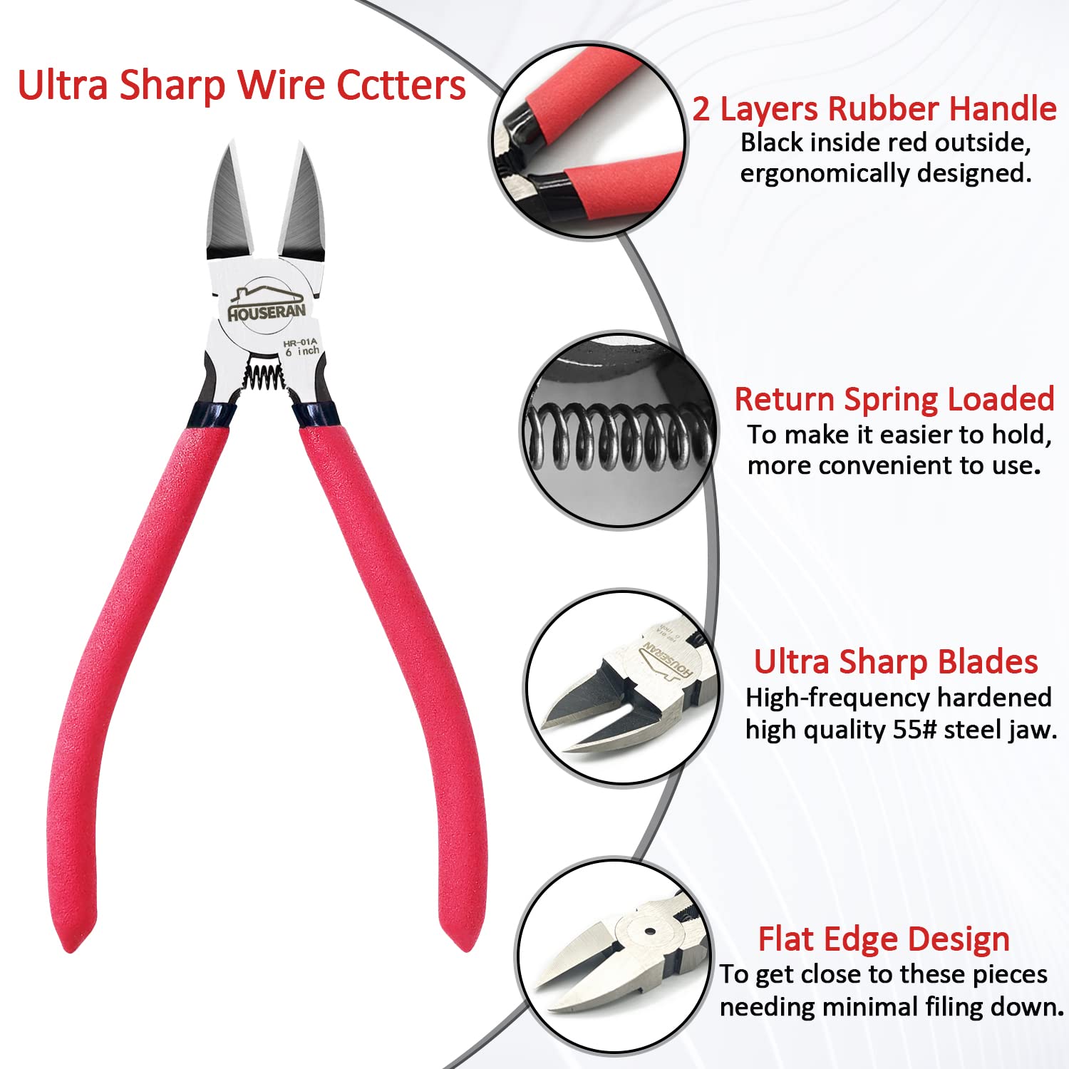 Wire Cutters, 6 inch Side Cutters, HOUSERAN Dikes Wire Cutters Diagonal Cutters with Non-slip Red Handle, Flush Cutter Pliers, Wire Clippers, Spring Loaded Wire Cutters for Jewelry, Crafting, Zip Tie