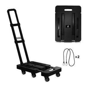 folding hand truck, 500lbs heavy duty foldable dolly cart - portable luggage cart with 6 wheels 2 elastic ropes for moving, travel, shopping, office use - black