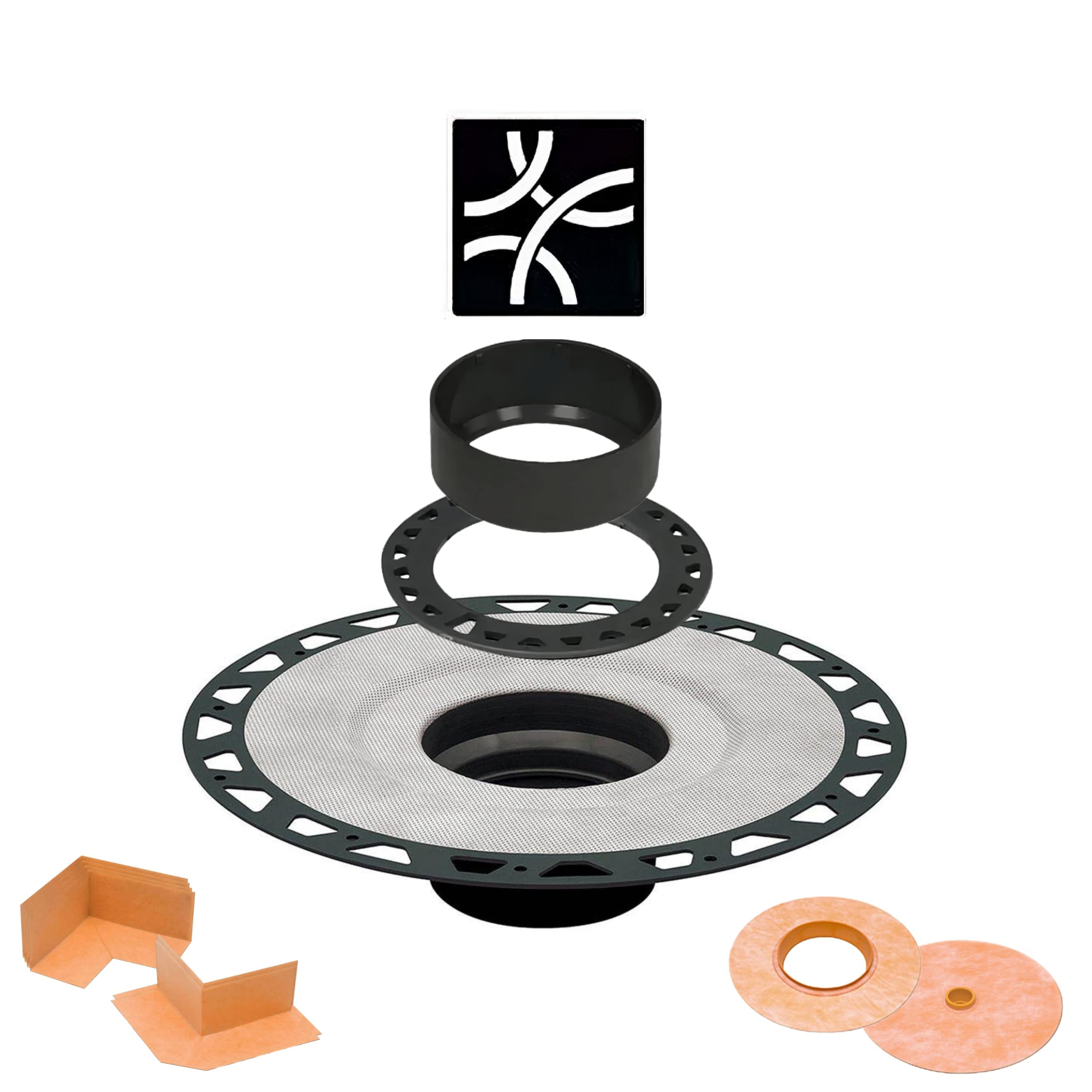 Schluter Systems Kerdi Shower Drain Cover Kit with Vertical ABS 2 Inch Flange, 4 Inch Drain Grate Curve Design with Matte Black Finish, and with Corners and Seals for ABS Plastic Pipe