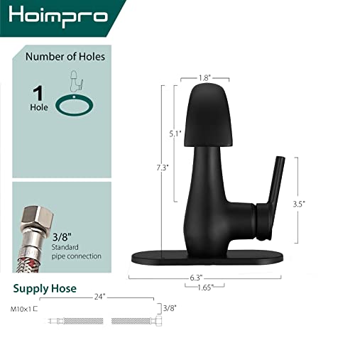 Hoimpro Modern Single Handle Black Bathroom Faucet Bar Sink Fauet Bathroom Sink Faucet Single Hole or Single Handle Gooseneck Kitchen Faucet with cUPC Water Lines, Matte Black/Brass