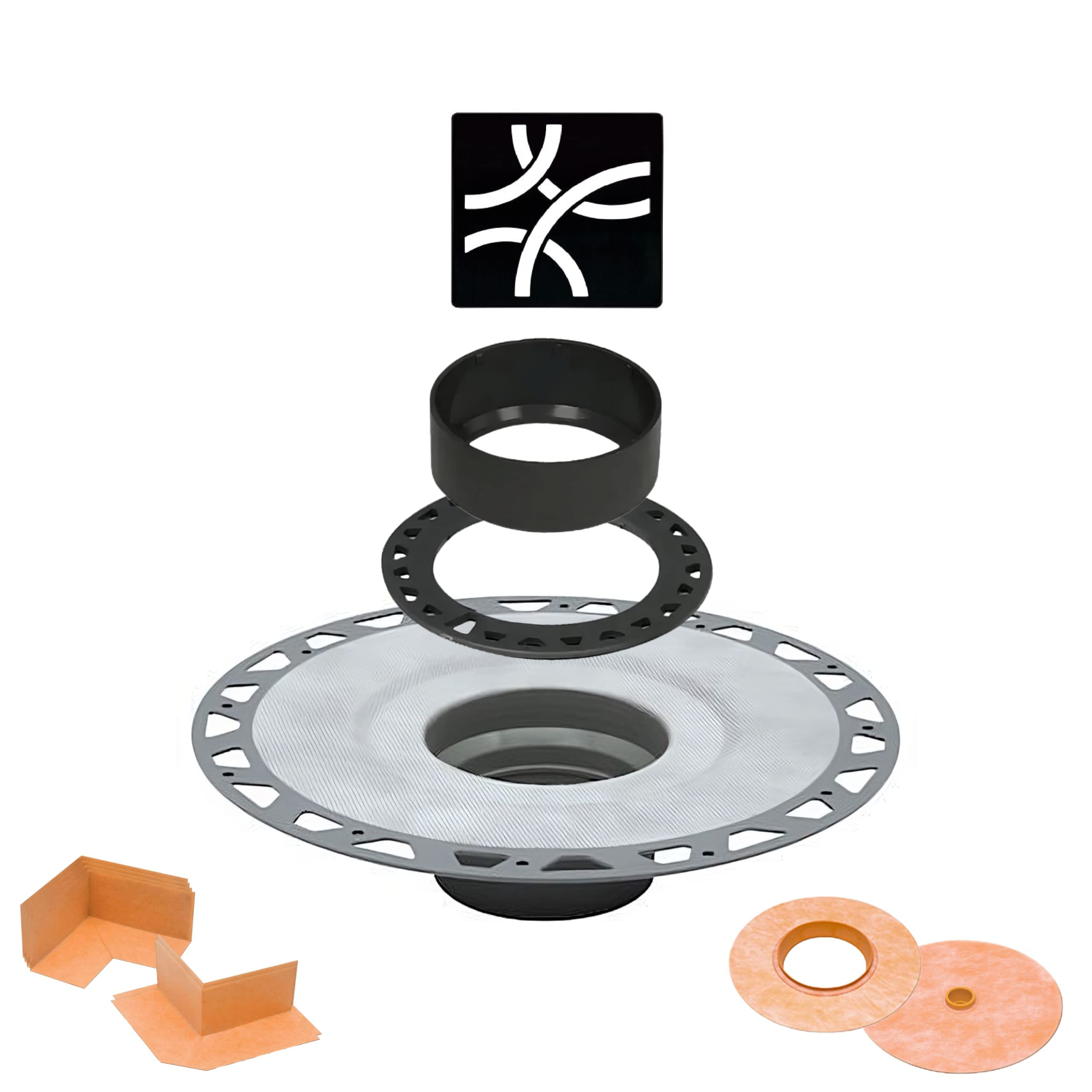 Schluter Systems Kerdi Shower Drain Cover Kit with Vertical PVC 2 Inch Flange, 4 Inch Drain Grate Curve Design with Matte Black Finish, and with Corners and Seals for PVC Plastic Pipe