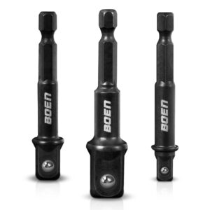 BOEN Impact Grade Socket Adapter Set, 3-PCS Drill Bit Adapter with Bit Holder, Sizes 1/4", 3/8", 1/2", 1/4-Inch SAE Hex Shank, Cr-V with Black Phosphate Finish