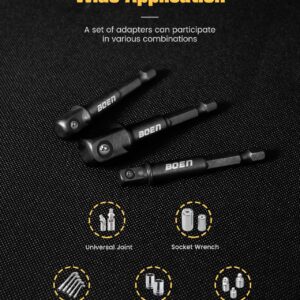 BOEN Impact Grade Socket Adapter Set, 3-PCS Drill Bit Adapter with Bit Holder, Sizes 1/4", 3/8", 1/2", 1/4-Inch SAE Hex Shank, Cr-V with Black Phosphate Finish