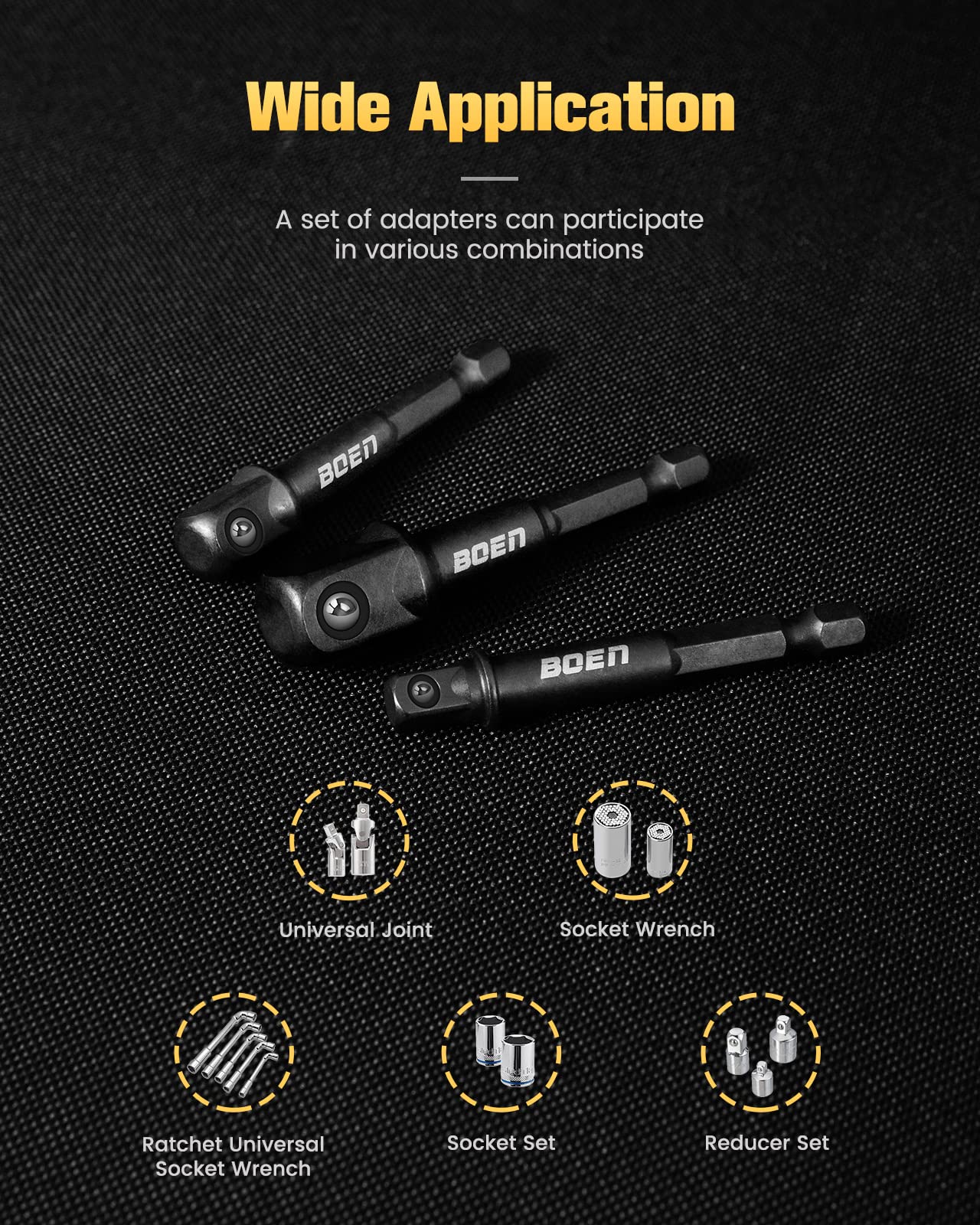 BOEN Impact Grade Socket Adapter Set, 3-PCS Drill Bit Adapter with Bit Holder, Sizes 1/4", 3/8", 1/2", 1/4-Inch SAE Hex Shank, Cr-V with Black Phosphate Finish