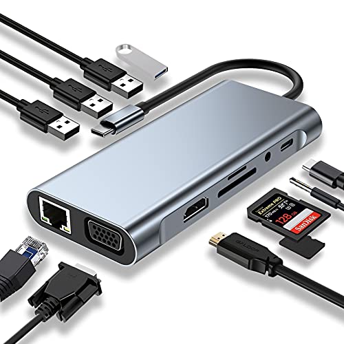 USB C HUB, USB C Adapter 11 in 1 Dongle with 4K HDMI, VGA, Type C PD, USB3.0, RJ45 Ethernet, SD/TF Card Reader, 3.5mm AUX, Docking Station Compatible