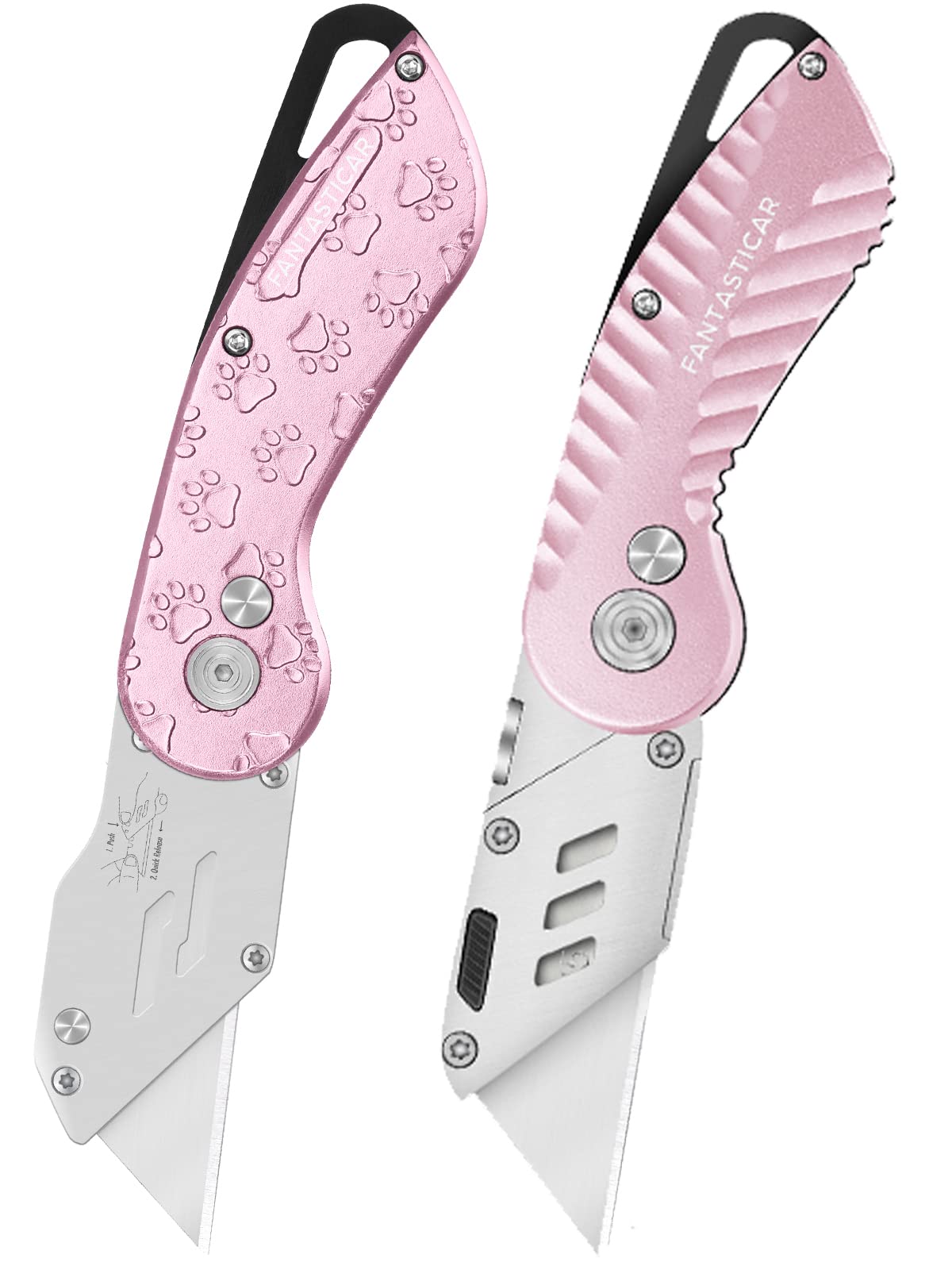 FantastiCAR Pink Folding Box Cutter, Unique Utility Knife Metal Body and Advanced Gift Package, with Extra Blades