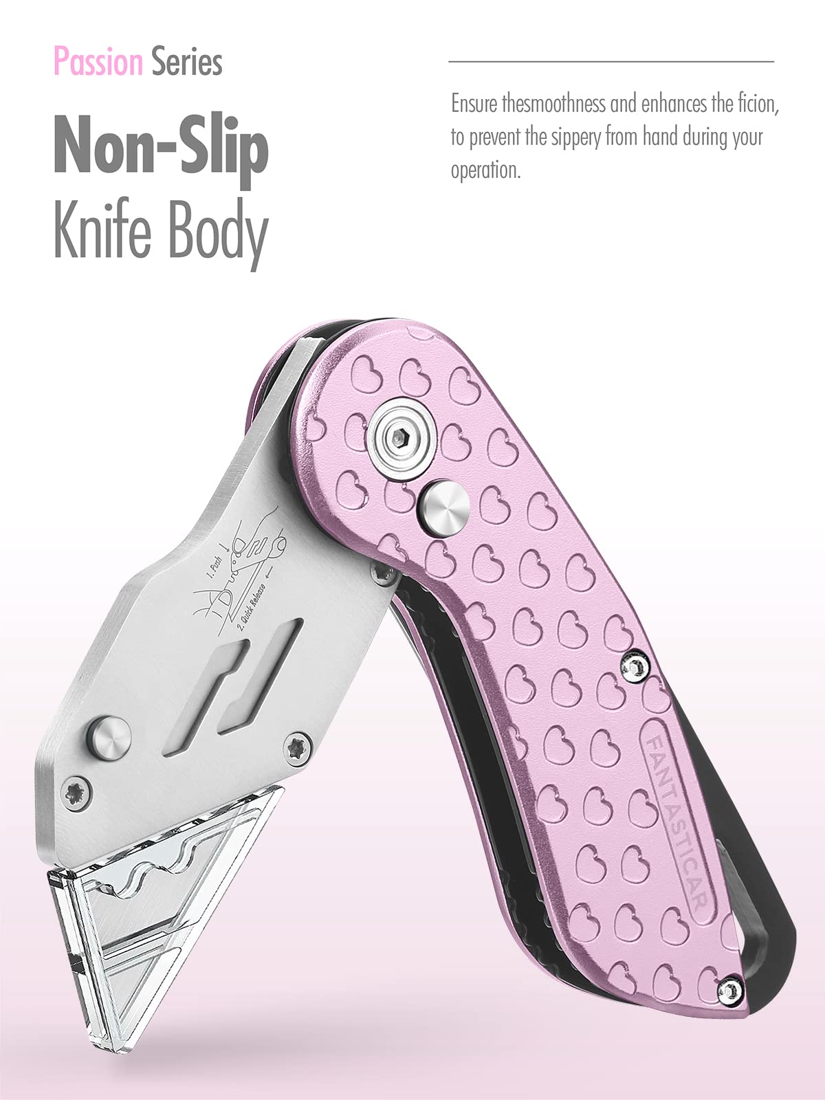 FantastiCAR Pink Folding Box Cutter, Unique Utility Knife Metal Body and Advanced Gift Package, with Extra Blades