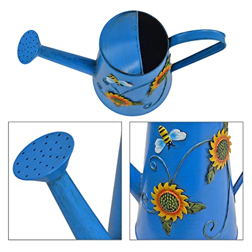 Westcharm Decorative Sunflower & Bee Metal Watering Can (Vol: 10 Cups) | Large Blue Watering Can | Garden Décor Housewarming Gift for Mother Women Friends Gardeners Plants Lovers