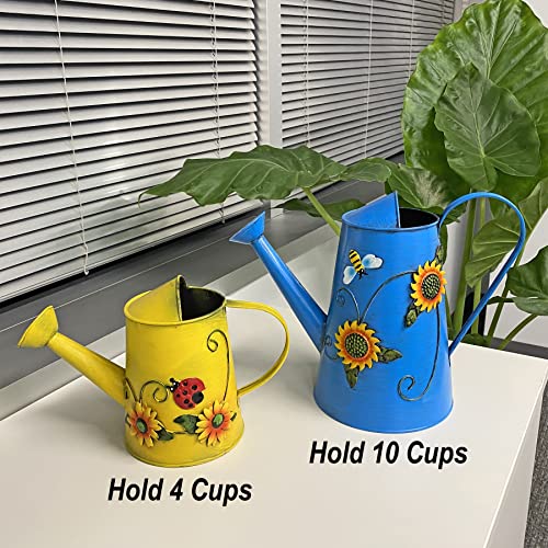 Westcharm Decorative Sunflower & Bee Metal Watering Can (Vol: 10 Cups) | Large Blue Watering Can | Garden Décor Housewarming Gift for Mother Women Friends Gardeners Plants Lovers