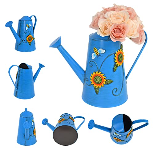 Westcharm Decorative Sunflower & Bee Metal Watering Can (Vol: 10 Cups) | Large Blue Watering Can | Garden Décor Housewarming Gift for Mother Women Friends Gardeners Plants Lovers