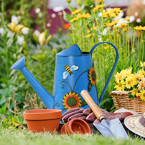 Westcharm Decorative Sunflower & Bee Metal Watering Can (Vol: 10 Cups) | Large Blue Watering Can | Garden Décor Housewarming Gift for Mother Women Friends Gardeners Plants Lovers