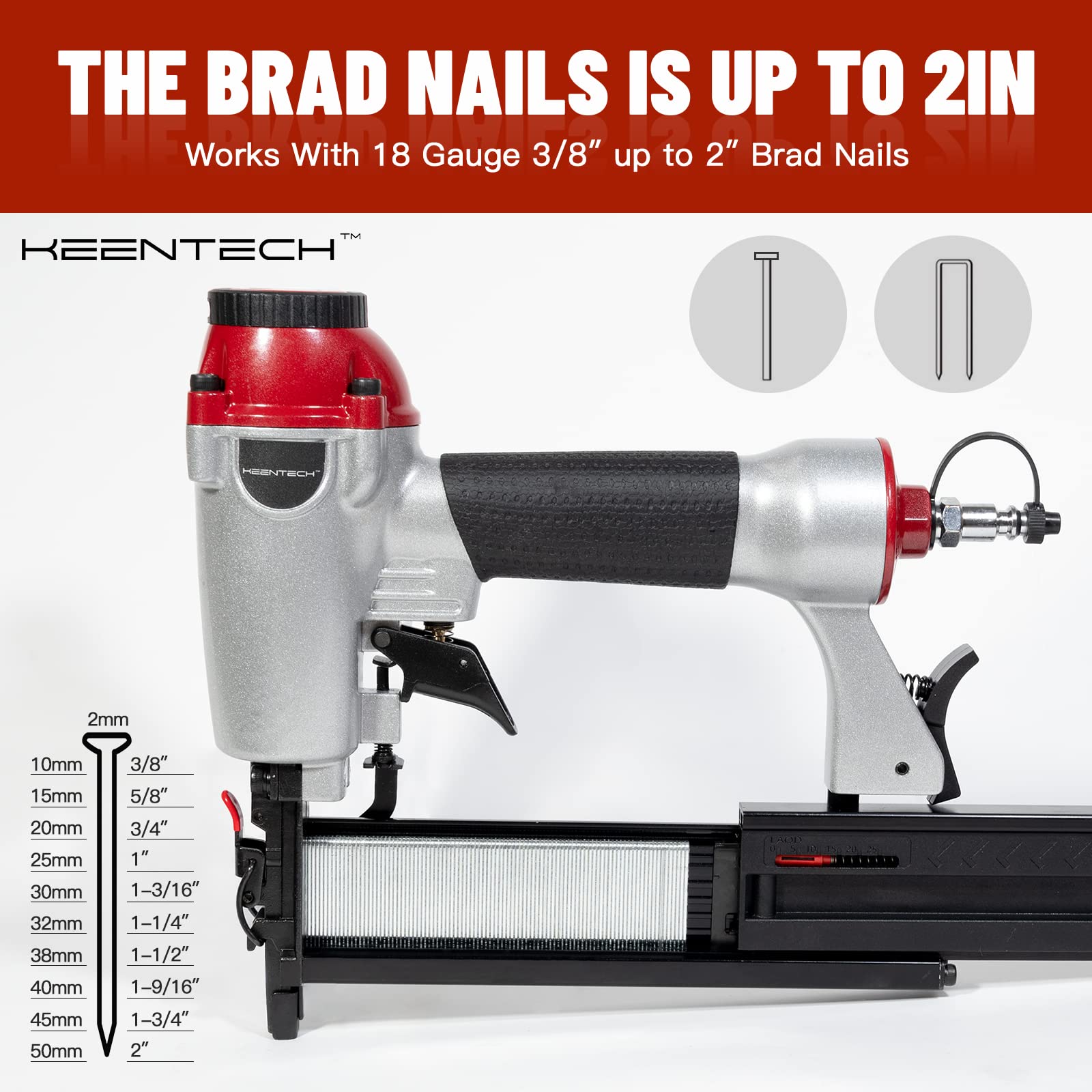 KEENTECH Pneumatic Brad Nailer, 18 GA, 2 in 1 Nail Gun and Crown Stapler Fires 2 Inch Brad Nailes and 1-5/8 Inch Crown Staples, for Carpentry, DIY Project, Woodworking, Silver & Red (KT5040)