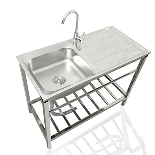 Free Standing Utility Sink Stainless Steel Single Bowl Sink Set, Commercial Kitchen Prep & Workbench Sink, With Storage Shelves & Drainer Unit Faucet Combo