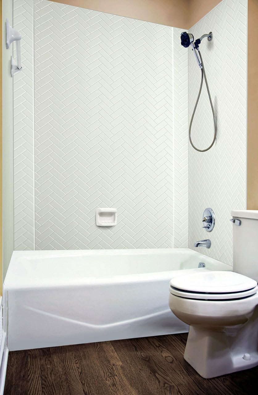 From Plain To Beautiful In Hours 133-HERR-KIT Herringbone Tile Tub and Shower Wall Panels Surround, Gloss White, 96 Square Feet