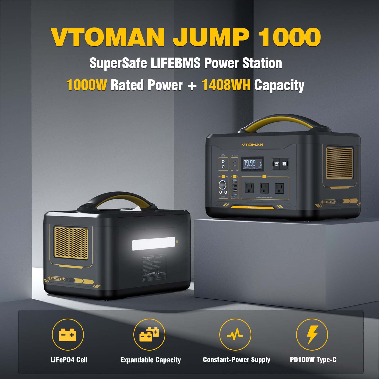 VTOMAN Jump 1000 Solar Generator with 220W Panels Included, 1000W/1408Wh Durable LiFePO4 (LFP) Battery Power Station with 1000W AC Outlet, Regulated 12V DC, 100W PD, for Home Backup & RV/Van Camping