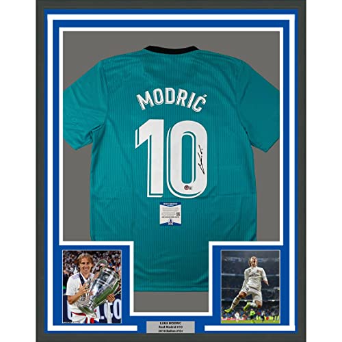 Framed Autographed/Signed Luka Modric 33x42 Real Madrid Teal Soccer Jersey Beckett BAS COA