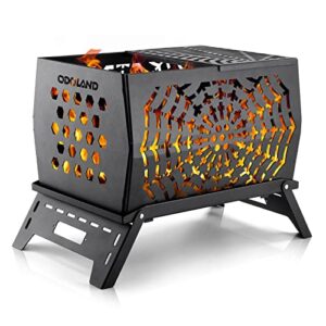 odoland camping charcoal grills, portable bonfire fire pit with grill, carry bag rectangle cast iron fire pit for outdoor cooking, patio backyard, barbecue, honeycomb
