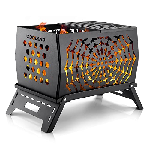 Odoland Camping Charcoal Grills, Portable Bonfire Fire Pit with Grill, Carry Bag Rectangle Cast Iron Fire Pit for Outdoor Cooking, Patio Backyard, Barbecue, Honeycomb