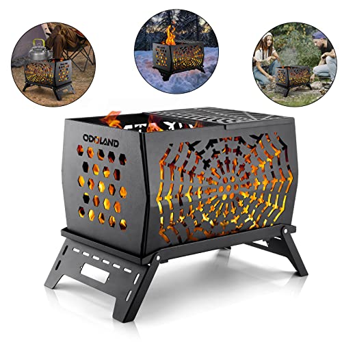 Odoland Camping Charcoal Grills, Portable Bonfire Fire Pit with Grill, Carry Bag Rectangle Cast Iron Fire Pit for Outdoor Cooking, Patio Backyard, Barbecue, Honeycomb