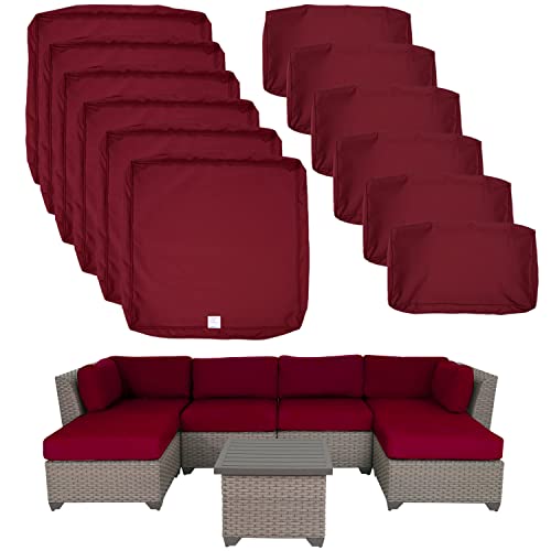 ClawsCover 12 Pack Outdoor Cushions and Pillows Replacement Covers Fit for 7 Pieces 6-Seater Wicker Rattan Patio Conversation Set Sectional Couch Chairs Furniture,Burgundy-Cover Only