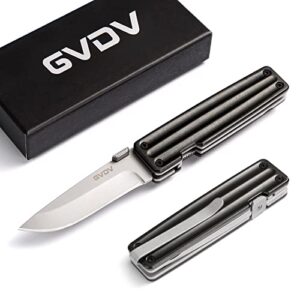 gvdv metal pocket folding knife - 7cr15 stainless steel survival knife, tactical knife for camping hunting hiking with safety liner-lock and belt clip, gift for men- silver