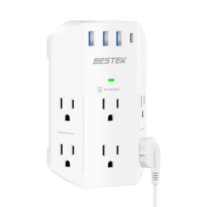 surge protector, outlet extender with 6 outlets and 4 usb ports (1 usb c pd20w), bestek 2100 joules power strip 3 sided multi plug outlet for wall mount