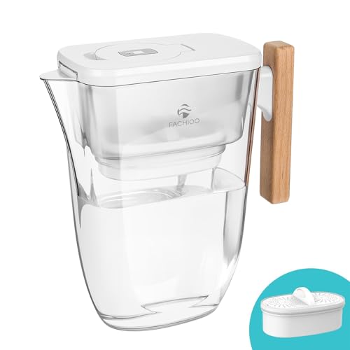 FACHIOO Water Filter Pitcher, 200-Gallons Long-Life 10-Cup Pitcher with 1 Filter, 5X Times Lifetime, Reduces PFAS, PFOA/PFOS, Fluoride, Chlorine, Rust, Microplastics, BPA Free, Clear, Lasts 3 Months