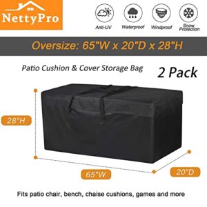 NettyPro Patio Cushion Storage Bags 2 Pack Water-Resistant Extra Large Bag for Outdoor Cushions Heavy Duty Patio Furniture Storage Bag 65 Inch, Black