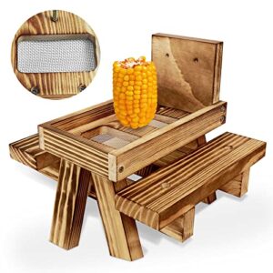 carbonized wood squirrel feeder, squirrel feeders for outside durable squrrill picnic table with solid structure waterproof chipmunk feeder with corn cob holder, fenced tabletop for holding peanuts