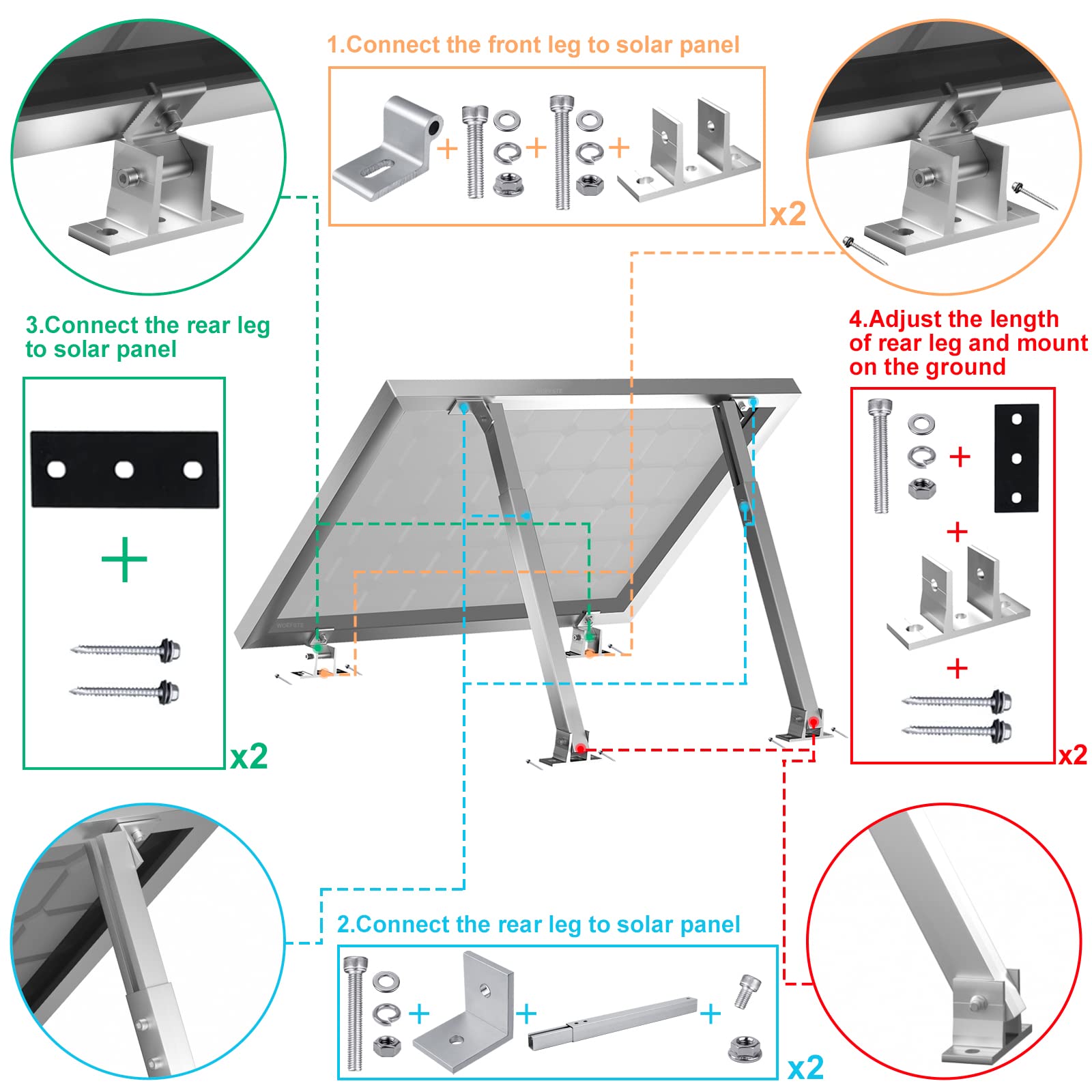 woefste Adjustable Solar Panel Tilt Mount Brackets Aluminum Alloy Mounting Bracket Stand Systems Support 50W 70W 100W 150W 200W 300W 400W Panels for Roof/Boat/Flat Surface, 2 Set