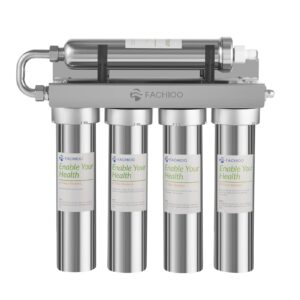 fachioo stainless steel water filter for sink,0.01μm ultra-filtration under sink water filter system,tankless 5-stage high capacity, reduces pfas, pfoa/pfos,chlorine,bad taste odor(5 filter included)