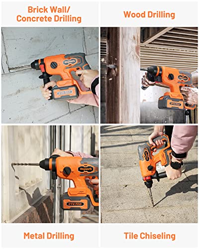 Heywork Cordless Rotary Hammer Drill, 4 Modes Variable Speed and Adjustable Handle, SDS-Plus Chuck Hammer Drill with 21V 2*4.0Ah Li-ion Battery and Charger, Electric Hammer Drill for Wall, Concrete.